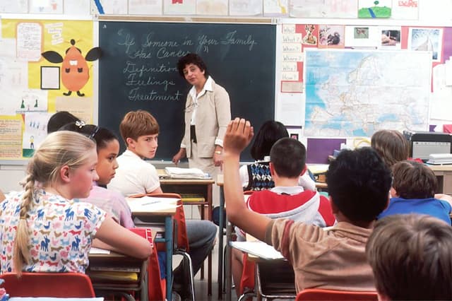 Pupils raising hands to answer in class